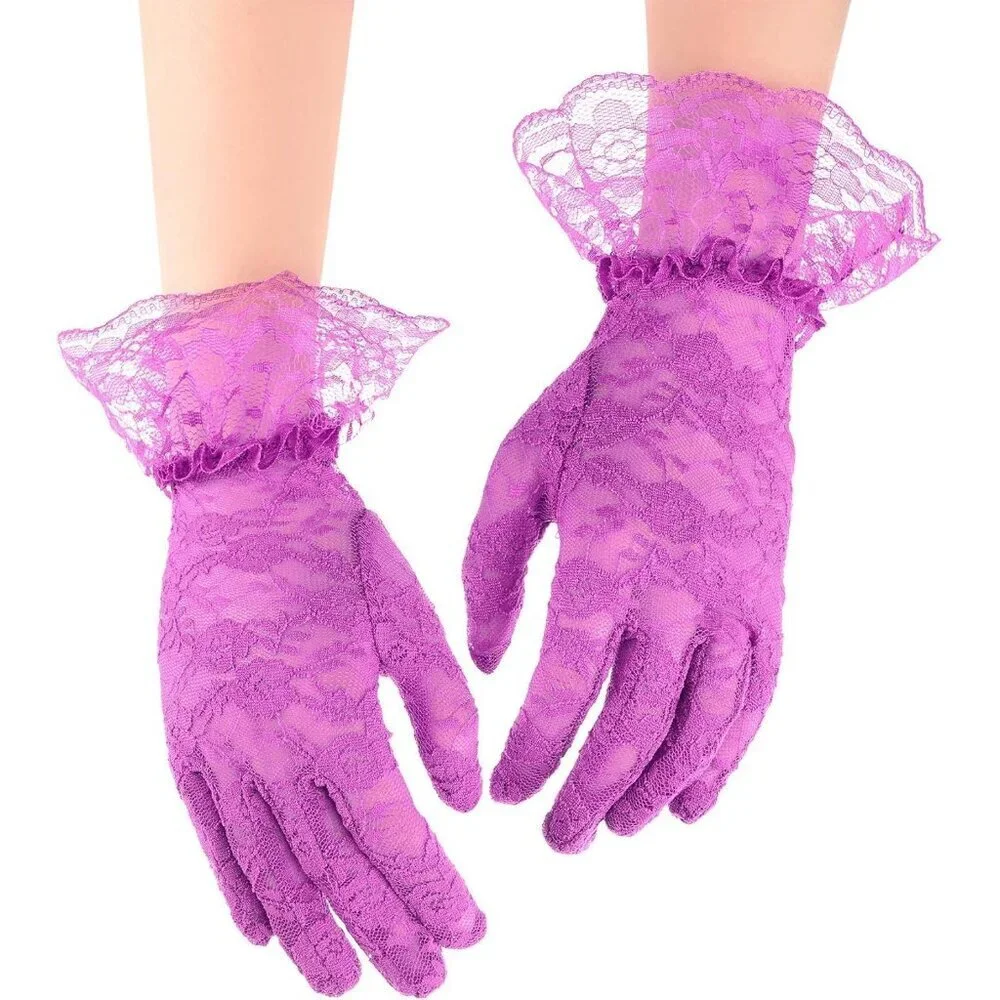 Women's Short Lace Courtesy Elegant Gloves Purple Wedding Dinner Opera Parties